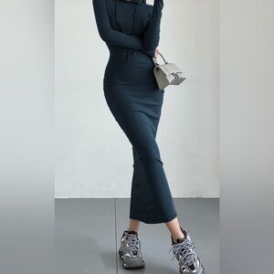 Commense Blue Long-Sleeve Hooded Bodycon Dress